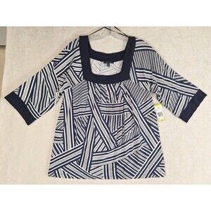 ANNE KLEIN Womens M Top Pullover Pleated Blue White Rayon 1/2 Sleeve Geometric